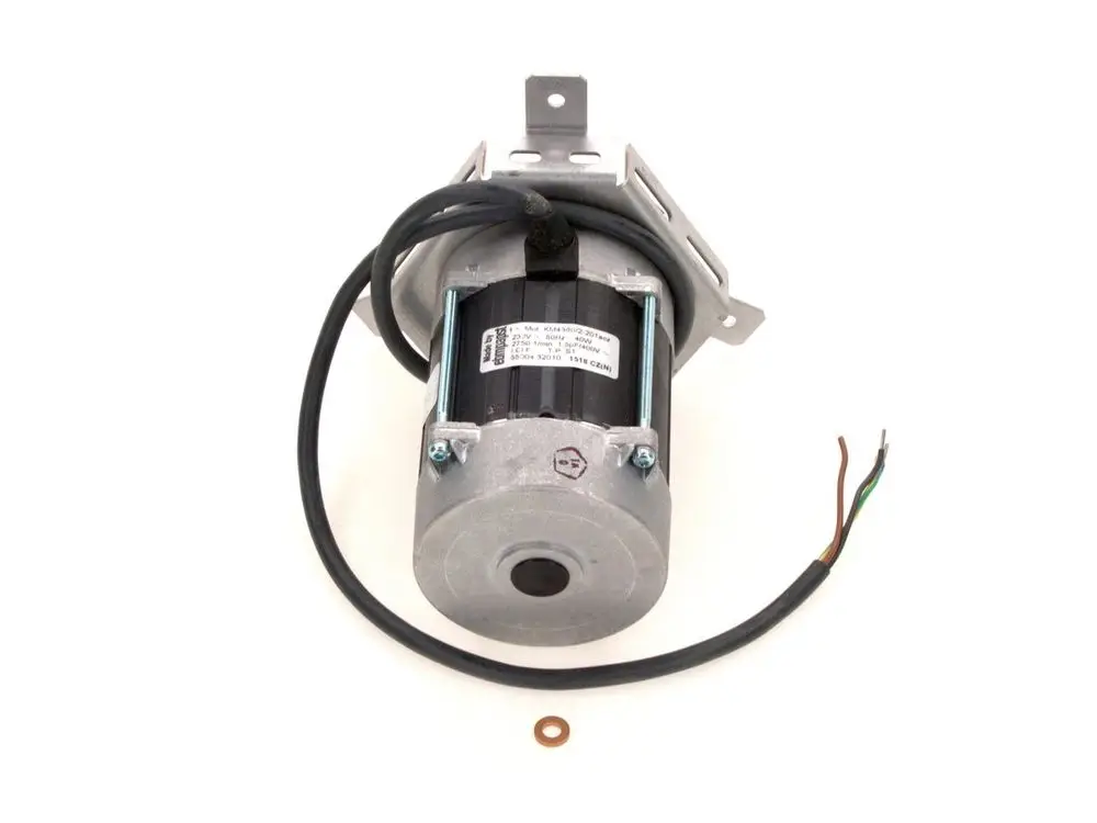 Bosch Motor mit einer montierten Halterung und mehreren Drähten, einer runden Gehäuseform und einem sichtbaren schwarzen Teil. Ein unterlegter Dichtungsring liegt daneben.